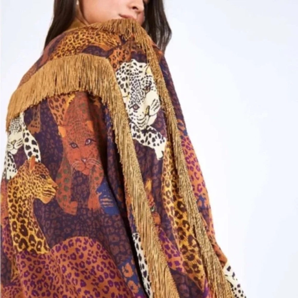 FARM Rio CARAMEL JAGUAR Printed Jacket in Black Multi with Fringe Size M